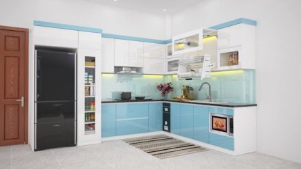 Tủ bếp Acrylic trắng xanh