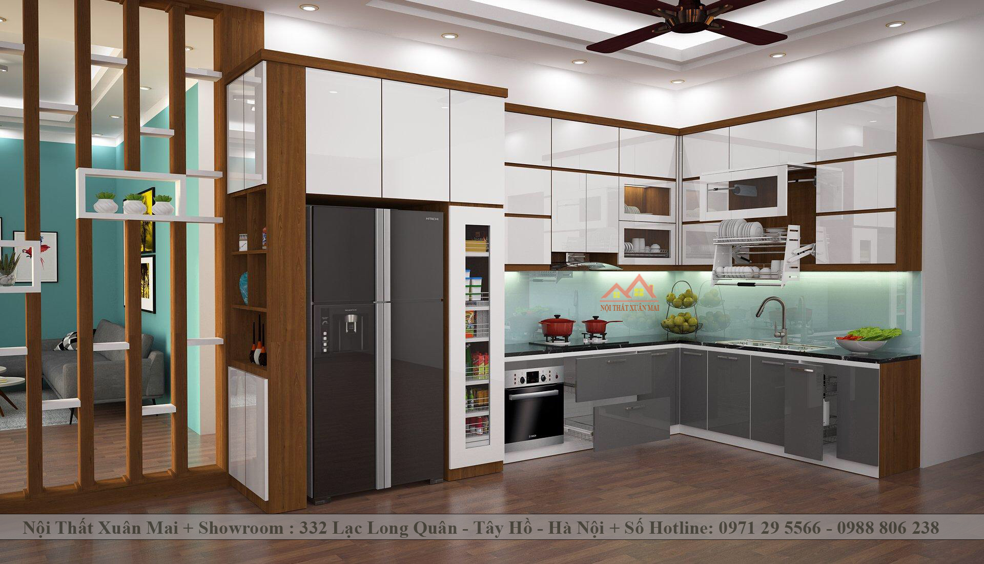 tủ bếp acrylic 2 tầng, tráng xám kết hợp kính ốp tường màu xanh hiện đại, trẻ trung