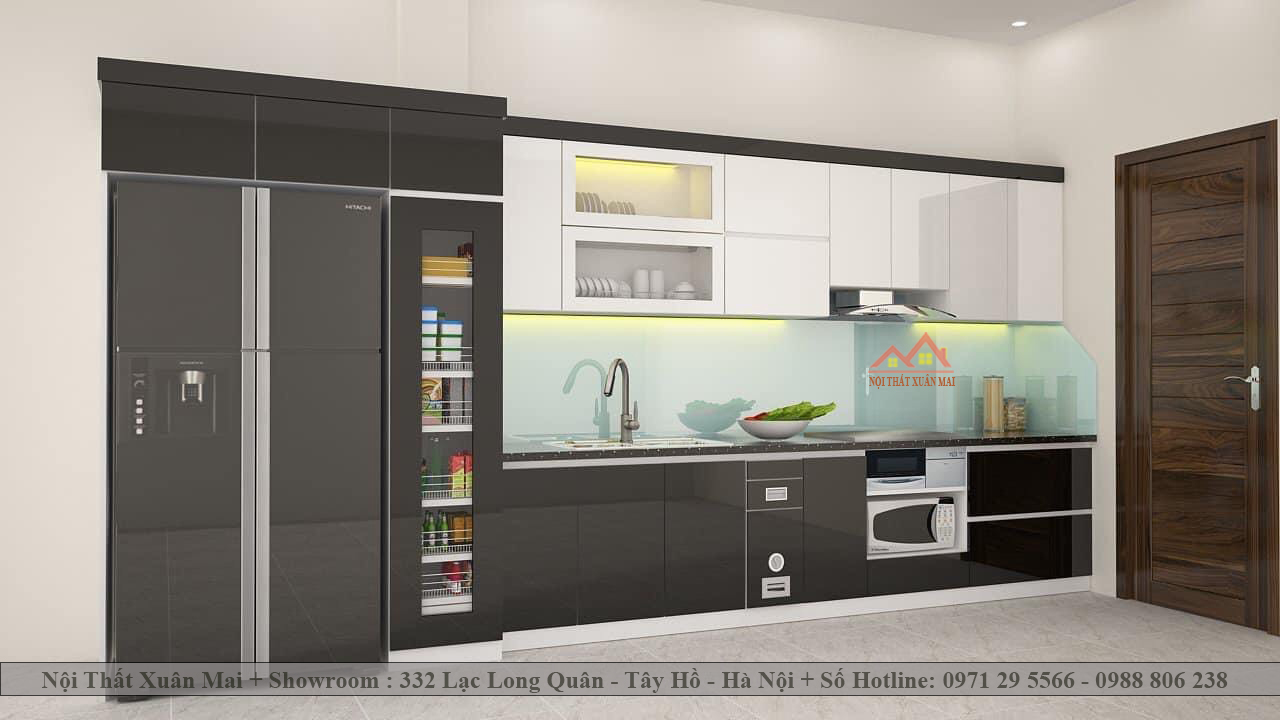 thiết kế tủ bếp nhựa chữ I trắng đen, kính ốp tường xanh dương tinh tế,sang trọng