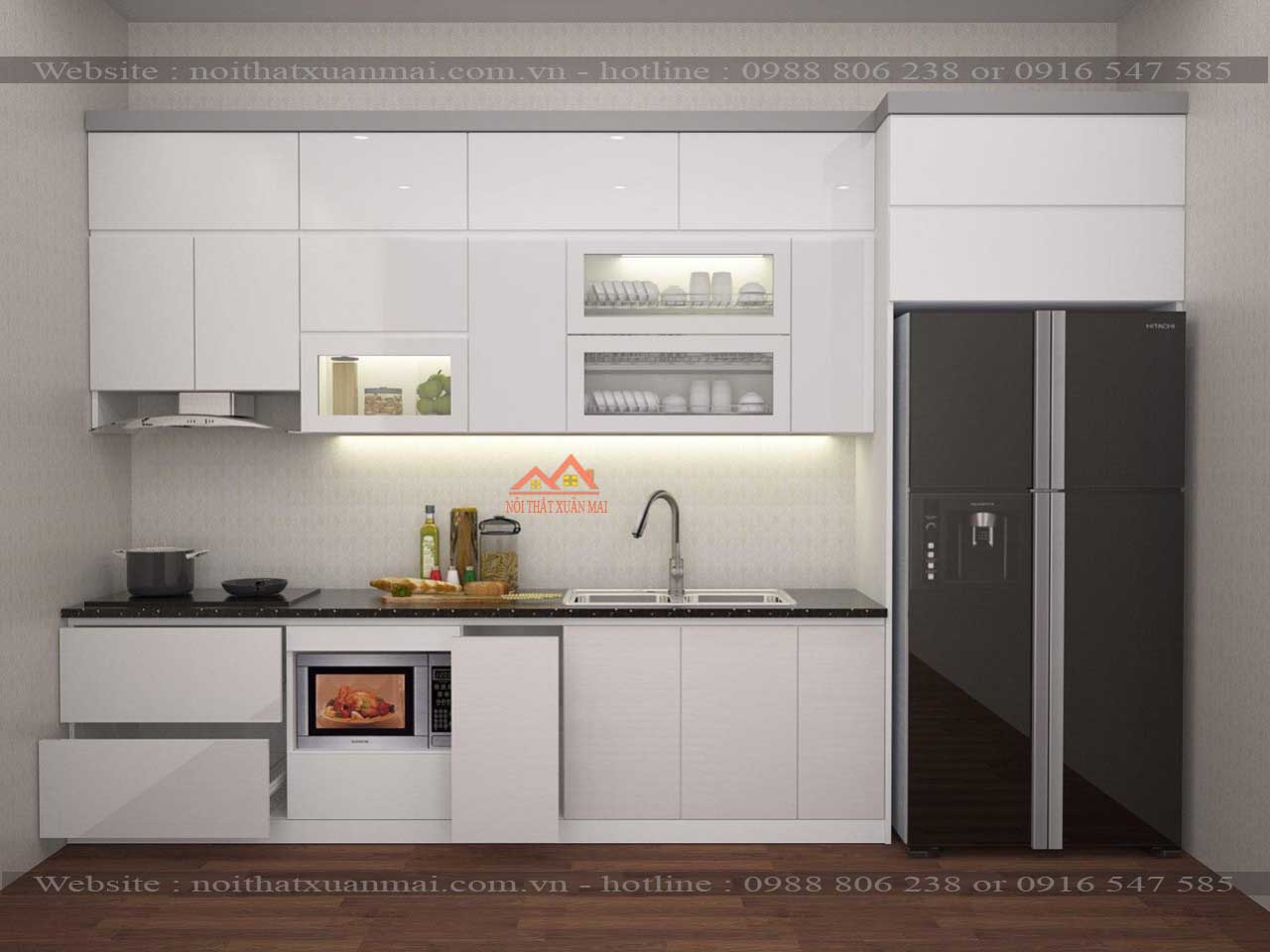mẫu tủ bếp acrylic 2 tầng với gam màu trắng hiện đại, trẻ trung