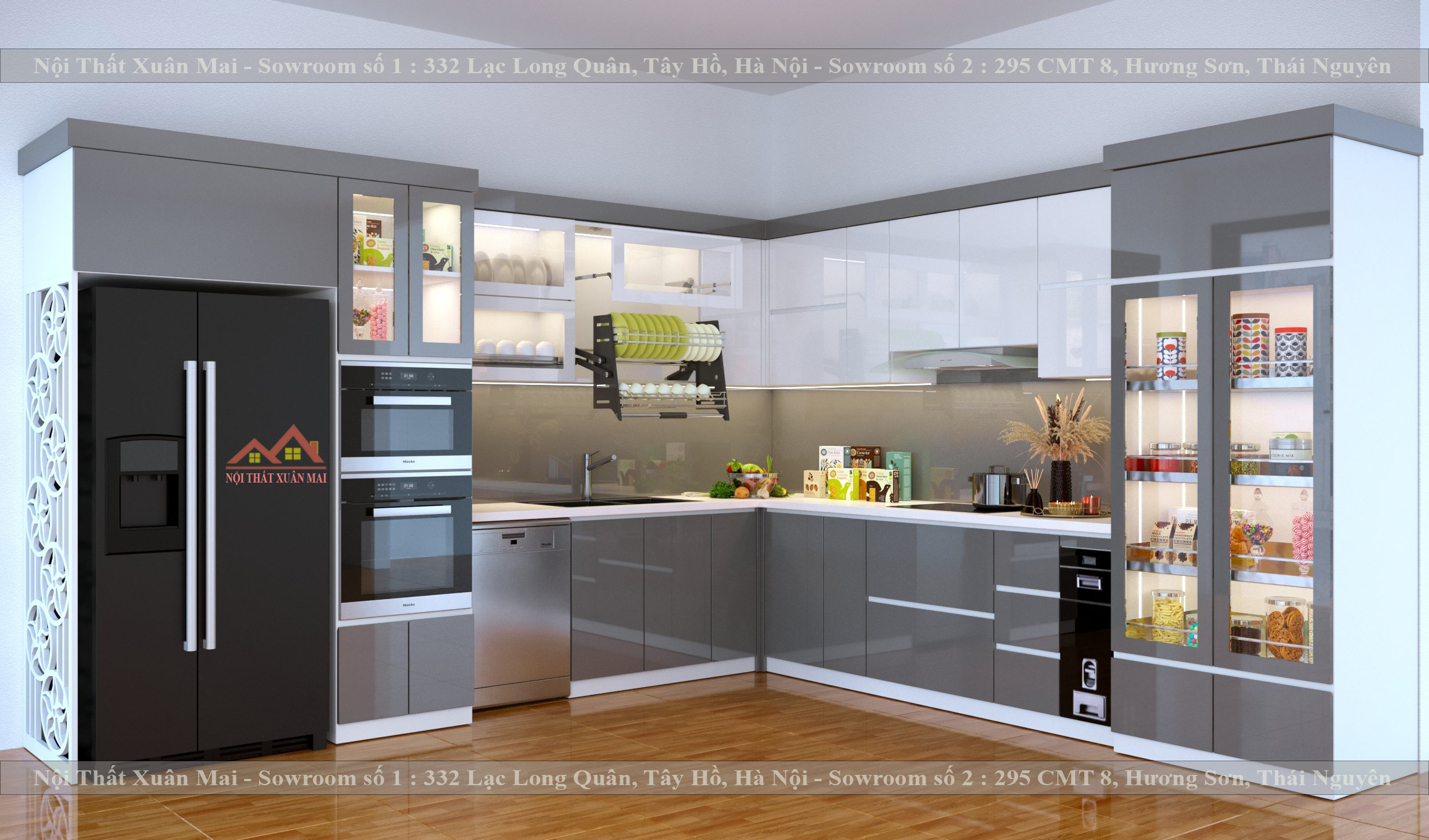 mẫu thiết kế tủ bếp Acrylic bóng gương trắng, xám cho gia đình anh 